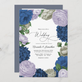 Deep Navy, Soft Lilac & Cloud Gray Floral Wedding Kaart