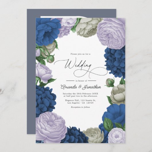 Deep Navy, Soft Lilac & Cloud Gray Floral Wedding Kaart (Voorkant / Achterkant)
