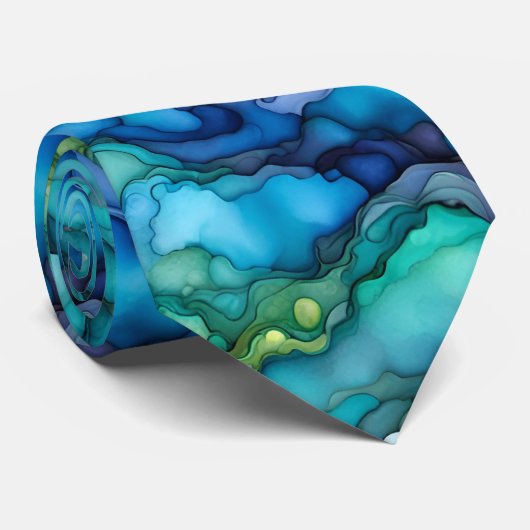 Deep Ocean Abstract Design in Teal and Blue Fluid Stropdas (Opgerold)