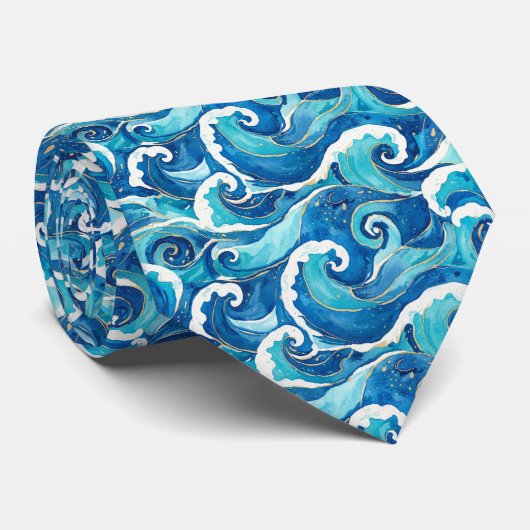 Deep Ocean Sapphire Blue Watercolor Waves Pattern Stropdas (Opgerold)