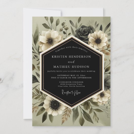 Deep Olive Botanical Romance Wedding Kaart (Voorkant)