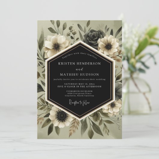 Deep Olive Botanical Romance Wedding Kaart (Staand voorkant)