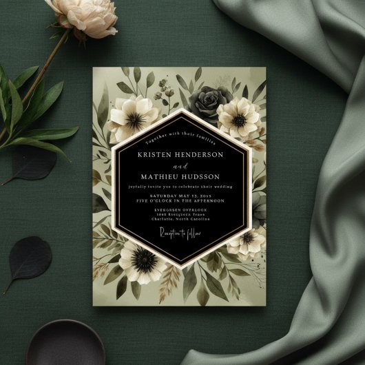 Deep Olive Botanical Romance Wedding Kaart