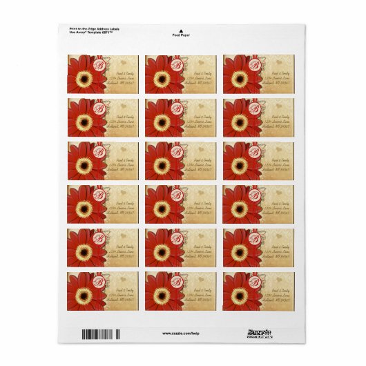 Deep Oranje Red Musical Gerber Daisy Monogram Etiket (Full Sheet)