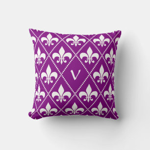Deep Paars Fleur de Lis met monogram initiaal Kussen