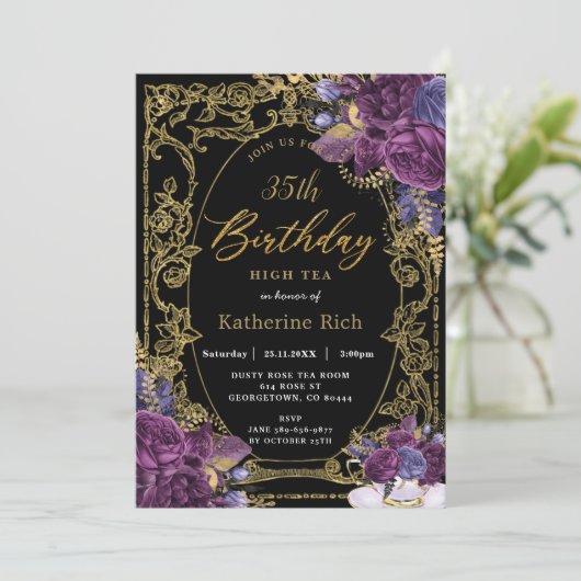 Deep Paars Floral Antiek Gold Birthday Tea Party Kaart (Staand voorkant)