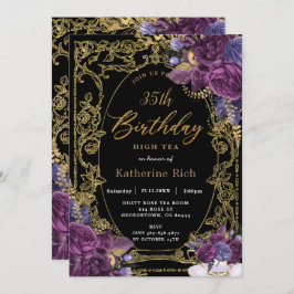 Deep Paars Floral Antiek Gold Birthday Tea Party Kaart