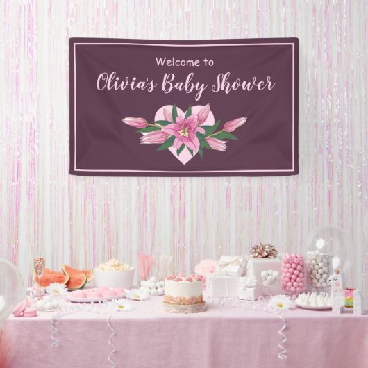 Deep Paarse Blooming Lelies Baby shower Uitnodigin Spandoek (Feest)