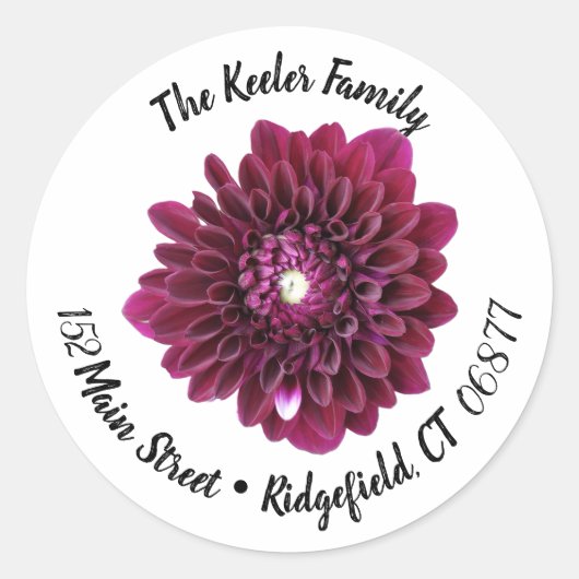 Deep Paarse Dahlia Bloem Rond Adres Label (Voorkant)