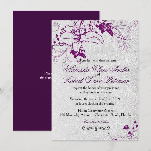 Deep Paarse Glitter Zilveren Bloemen Bruiloft Kaart (Voorkant / Achterkant)