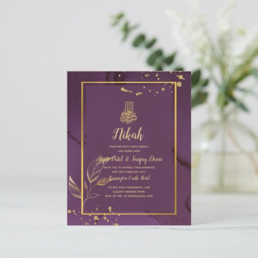 DEEP PAARSE GOLD LEAVES Wedding Invite (Staand voorkant)
