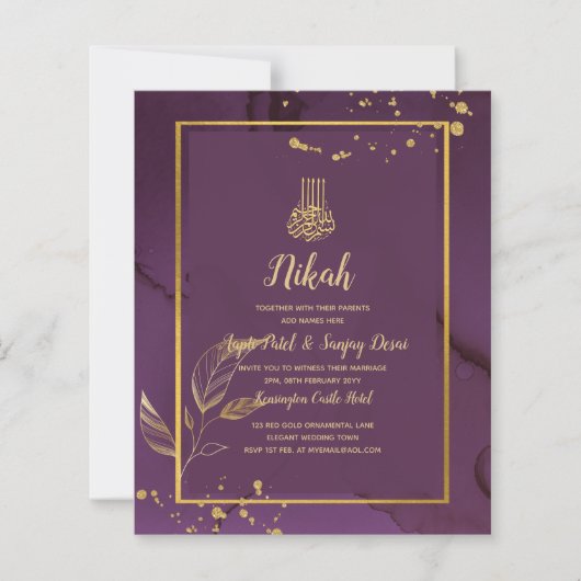 DEEP PAARSE GOLD LEAVES Wedding Invite (Voorkant)
