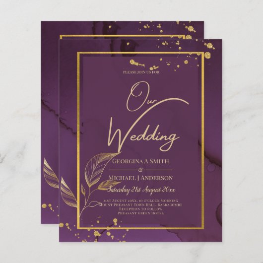 DEEP PAARSE GOLD LEAVES Wedding Invite (Voorkant / Achterkant)