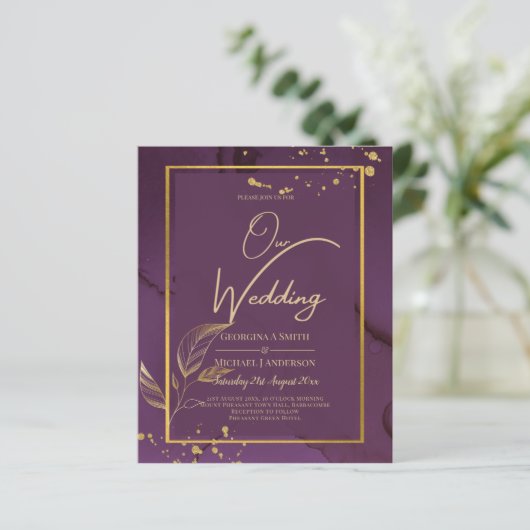 DEEP PAARSE GOLD LEAVES Wedding Invite (Staand voorkant)