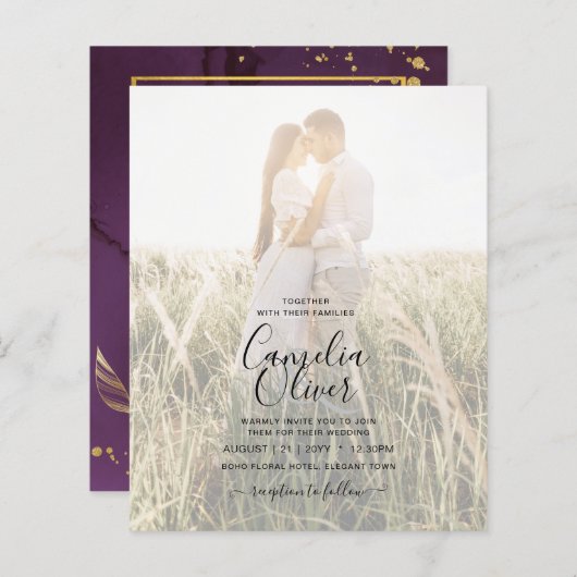 DEEP PAARSE GOLD LEAVES Wedding Invite (Voorkant / Achterkant)