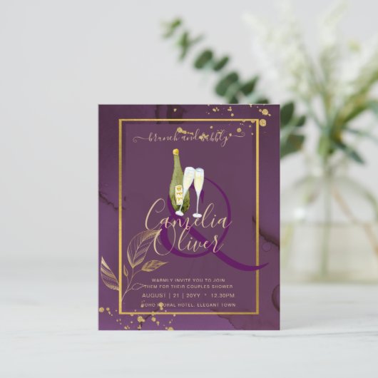DEEP PAARSE GOLD LEAVES Wedding Invite (Staand voorkant)