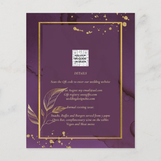 DEEP PAARSE GOLD LEAVES Wedding Invite Flyer (Achterkant)