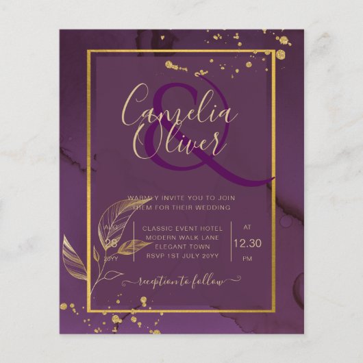 DEEP PAARSE GOLD LEAVES Wedding Invite Flyer (Voorkant)
