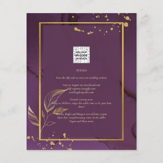 DEEP PAARSE GOLD LEAVES Wedding Invite Flyer (Achterkant)