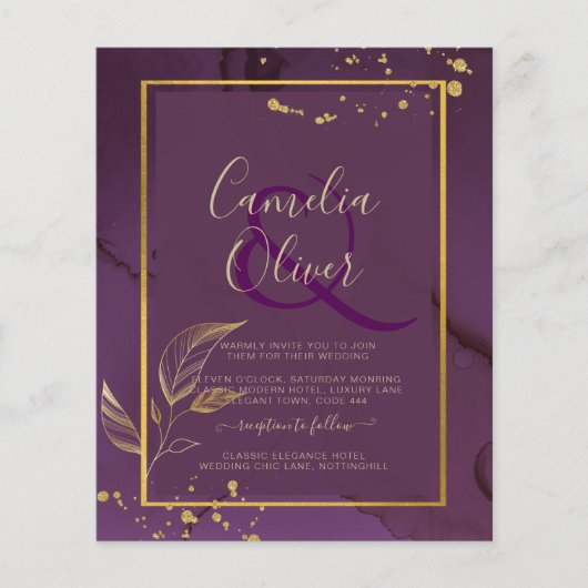 DEEP PAARSE GOLD LEAVES Wedding Invite Flyer (Voorkant)