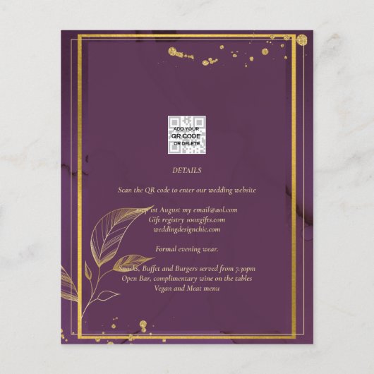 DEEP PAARSE GOLD LEAVES Wedding Invite Flyer (Achterkant)