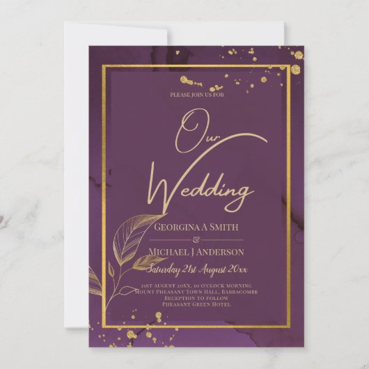 DEEP PAARSE GOLD LEAVES Wedding Invite Kaart (Voorkant)