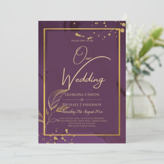 DEEP PAARSE GOLD LEAVES Wedding Invite Kaart (Staand voorkant)
