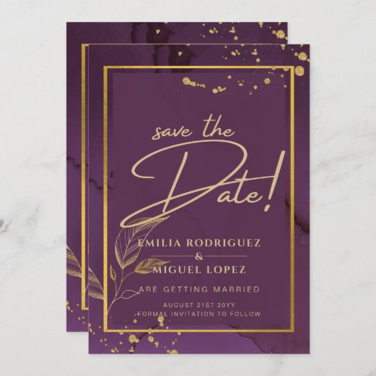 DEEP PAARSE GOLD LEAVES Wedding Invite Kaart (Voorkant / Achterkant)