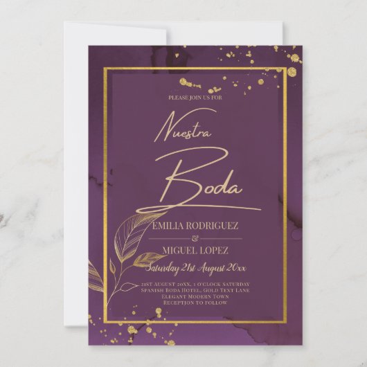 DEEP PAARSE GOLD LEAVES Wedding Invite Kaart (Voorkant)