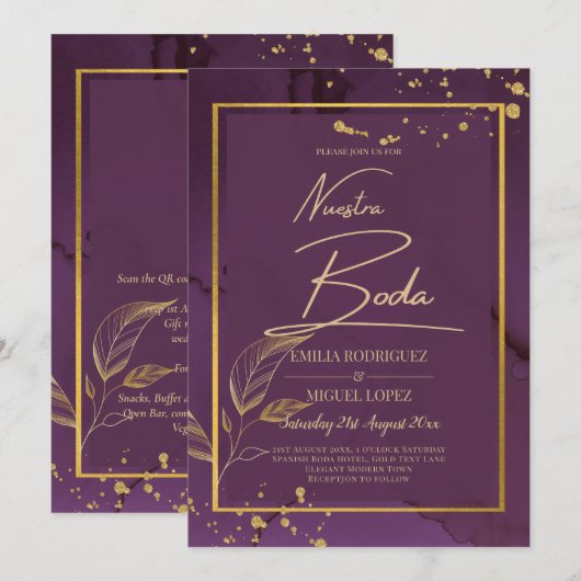 DEEP PAARSE GOLD LEAVES Wedding Invite Kaart (Voorkant / Achterkant)