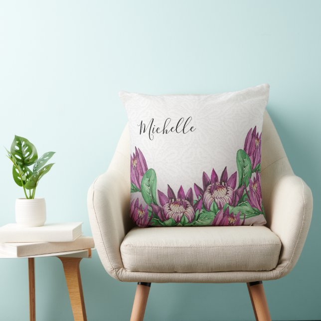 Deep Paarse King Protea Waterverf Art Kussen (Stoel)