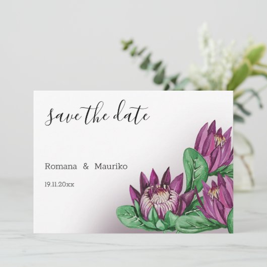 Deep Paarse King Protea Waterverf Art Save The Date (Staand voorkant)
