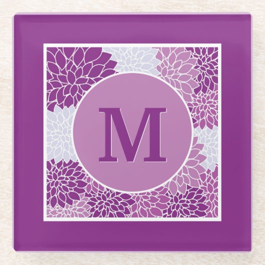 Deep Paarse Monogrammed Dahlia Floral Glazen Onderzetter (Voorkant)
