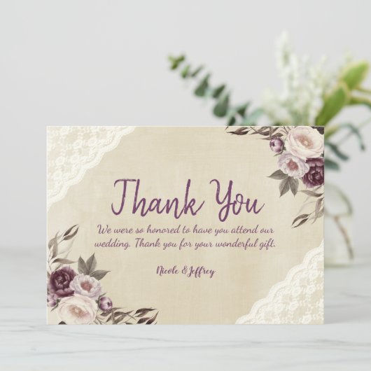 Deep Paarse pioenen bloemenbruiloft bedankje Bedankkaart (Staand voorkant)