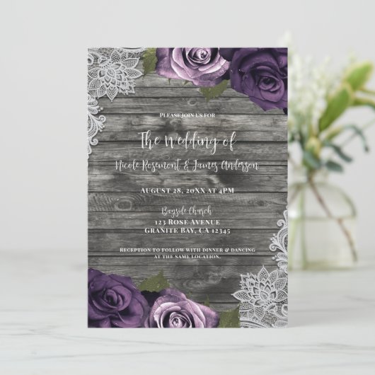 Deep Paarse Rozen Grijze Rustic White Lace Wedding Kaart (Staand voorkant)