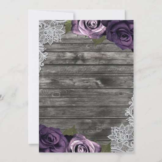 Deep Paarse Rozen Grijze Rustic White Lace Wedding Kaart (Achterkant)