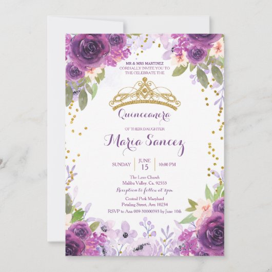 Deep Paarse Rozen Mis Quince Uitnodiging (Voorkant)