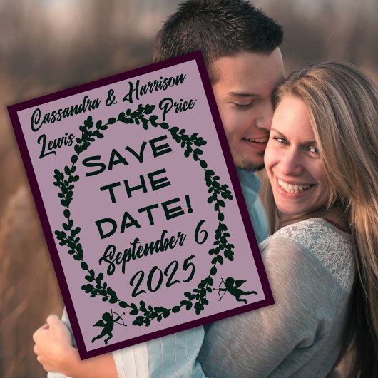 Deep Paarse rustieke bruiloft Save-the-Date Briefkaart