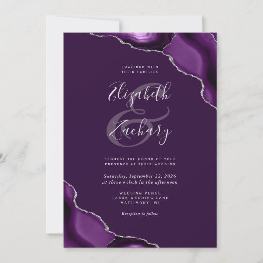 Deep Paarse Silver Agate Corners Weddenschap Kaart (Voorkant)