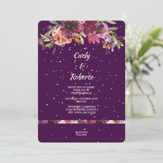 Deep Paarse Vivid Floral Gold Confetti Wedding Kaart (Staand voorkant)