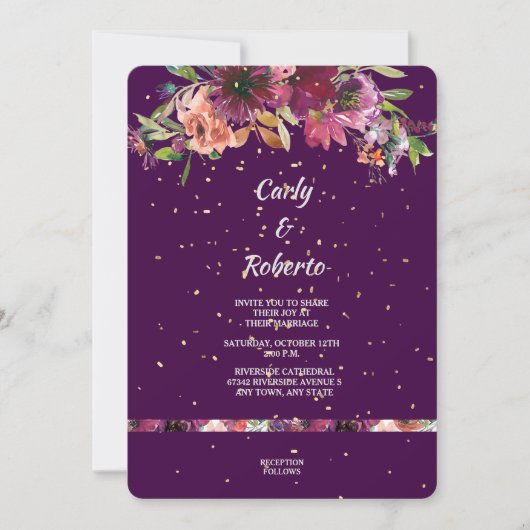 Deep Paarse Vivid Floral Gold Confetti Wedding Kaart (Voorkant)