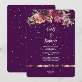 Deep Paarse Vivid Floral Gold Confetti Wedding Kaart