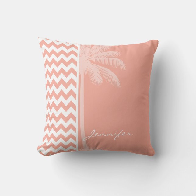 Deep Peach Chevron; Zomerpalm Kussen (Voorkant)