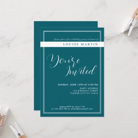 Deep Petrol Aangepaste Verjaardag Uitnodiging (Voorkant / Achterkant in situ)