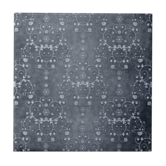 Deep Pewter Silvery Grey Floral Damask Pattern Tegeltje (Voorkant)