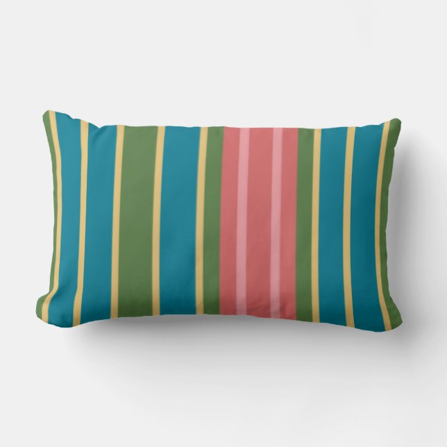 Deep Pink, Blue, Green Striped Lumbar Pillow Kussen (Voorkant)