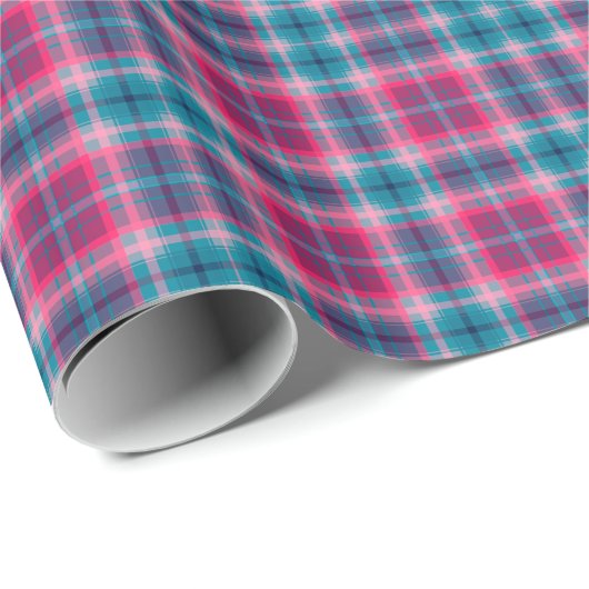 Deep Pink Blue Tartan Gingham Patroon Cadeaupapier (Rol Hoek)