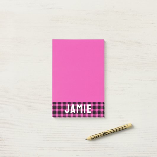 Deep Pink Buffalo Check Witte Naam Post-it® Notes (Op bureau)