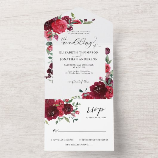 Deep Pink Burgundy Wine Red Weddenschap — RSVP All In One Uitnodiging (Binnen)