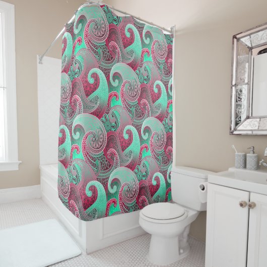 Deep Pink en Aqua Paisley Boho Damask Pattern Douchegordijn (In situ)